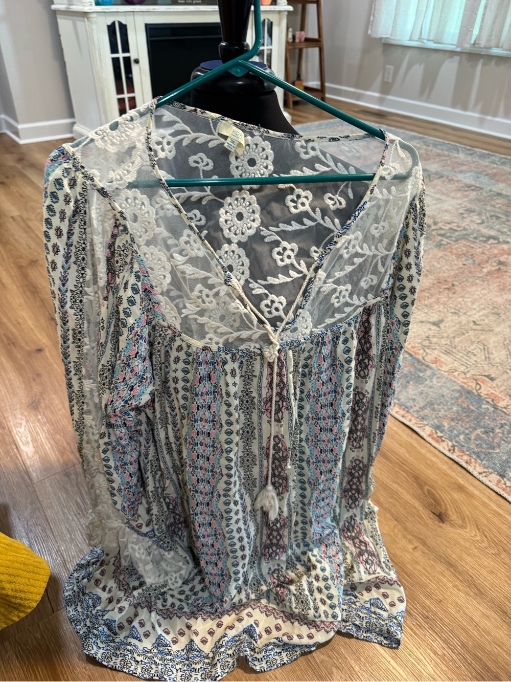 Kori Cream Lace Yoke Tunic with Blue & Pink Stripe Motif